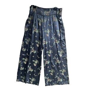 Loco Lindo Womens XL Black Floral Pallazo Wide-Leg Pants 100% Rayon Side Buttons